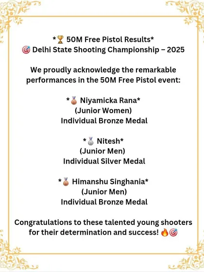 Acknowledging the medal winners in the 50M Free Pistol event at the Delhi State Shooting Championship. We train shooters to excel in a variety of pistol disciplines.