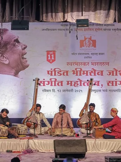 On stage at the prestigious Bharat Ratna Pandit Bhimsen Joshi Mahotsav in Sangli. It was an honor to accompany my Guruji, Padma Bhushan Pandit Ajoy Chakrabarty ji, at such a revered event celebrating a legend of Indian classical music.