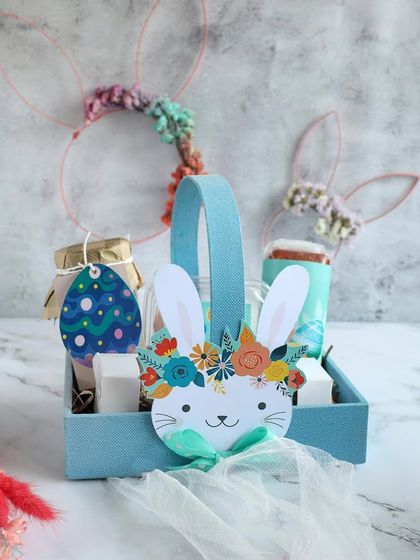 This adorable Easter basket with a bunny cutout is filled with jars of our handmade goodies, a perfect gift for kids and adults alike.