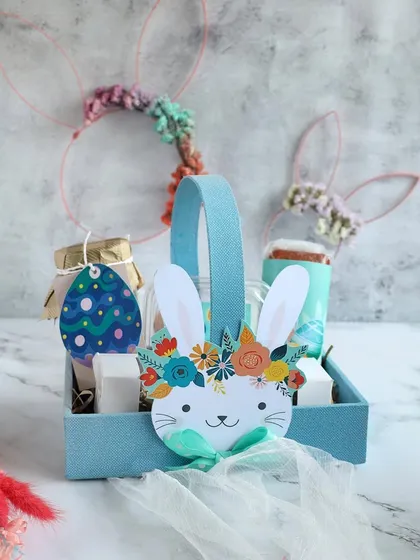 This adorable Easter basket with a bunny cutout is filled with jars of our handmade goodies, a perfect gift for kids and adults alike.