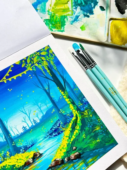 A close-up of the magical forest painting, highlighting the texture of the gouache and the fine details on the trees and water.