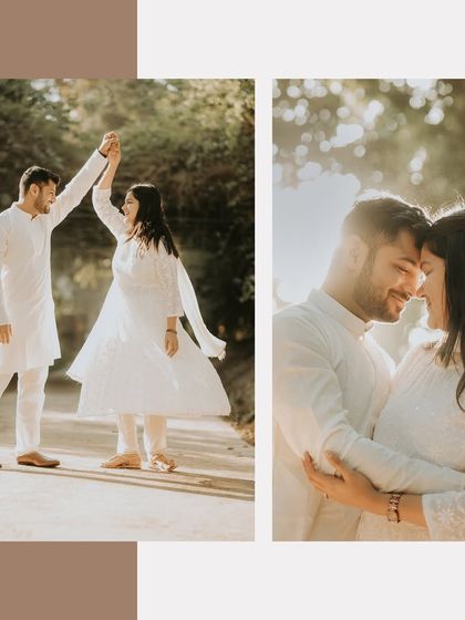 A lovely diptych showing a couple dancing playfully on a path and sharing a close, smiling embrace, capturing the lighthearted and romantic feel of a park photoshoot.