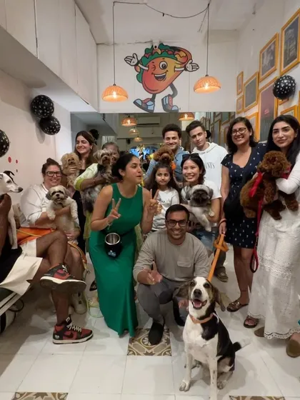 Sometimes our meetups are more relaxed. Here's our crew celebrating at a pet-friendly cafe. It's all about creating different social experiences for our dogs.