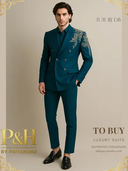 This peacock blue double-breasted suit is designed for the man who is unafraid to make a bold statement. The sharp, modern tailoring is elevated by exquisite hand-embroidery on the shoulder, offering a fusion of Western structure and Indian artistry for a truly distinctive look.