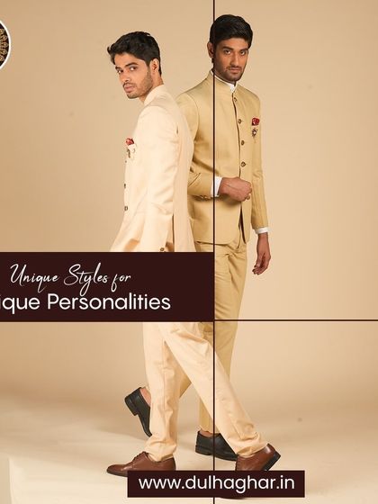 Unique styles for unique personalities. Two grooms in beige and cream Bandhgalas, showcasing options for individual tastes.