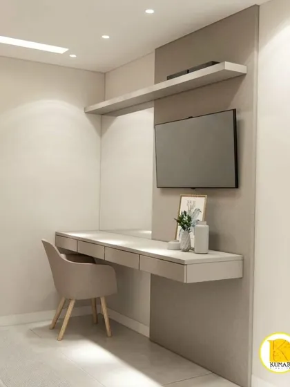 A close-up of the study desk, which is seamlessly integrated into the wall paneling.