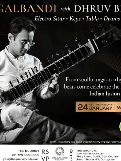The initial poster for my fusion Jugalbandi concert at Quorum, detailing the blend of electro-sitar, keys, tabla, and more.