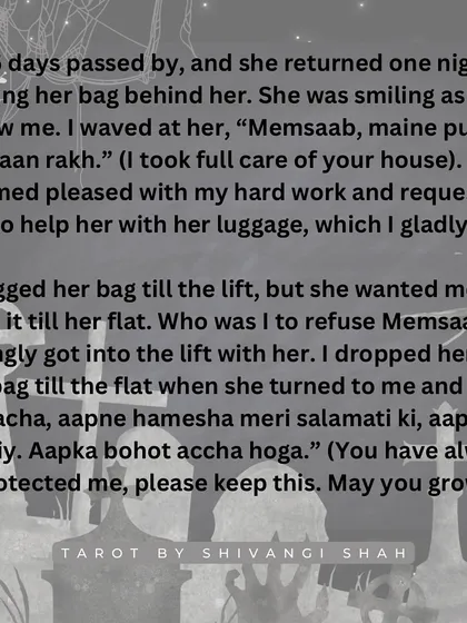 A watchman's story of an air hostess who died in a plane crash but appeared to him one last time to give him a blessed 10 rupee note that brought him prosperity.
