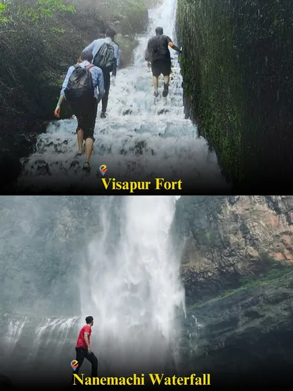 A glimpse of two thrilling Maharashtra treks: the waterfall climb at Visapur Fort and the plunge pool at Nanemachi Waterfall.