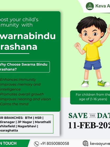 An animated boy waves cheerfully in this informational graphic. We explain why parents should choose Swarna Bindu Prashana, listing benefits like enhanced immunity, improved intelligence, and its ability to calm the mind.
