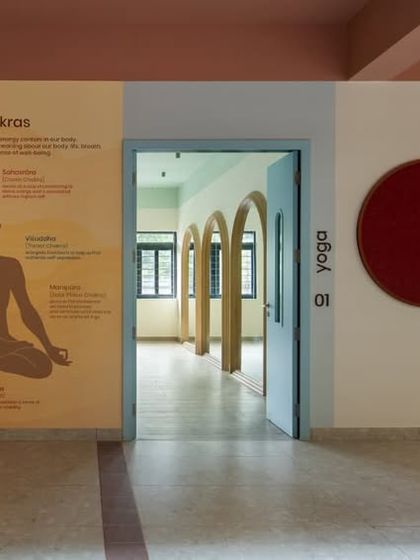 The corridor walls are used for both wayfinding and learning. Here, a large graphic explaining the chakras is placed outside the yoga room, creating a thematic and educational entrance.