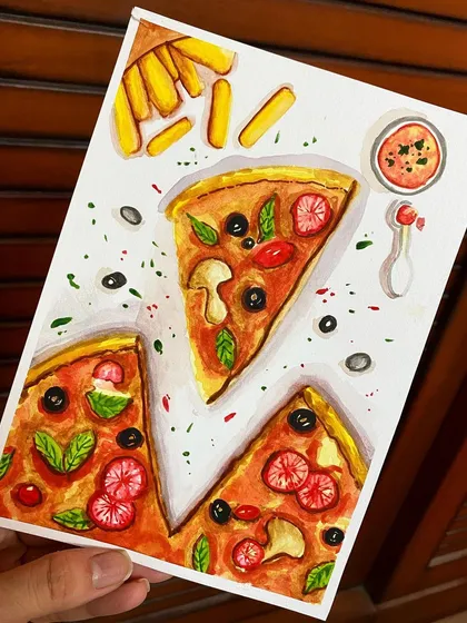Who loves pizza? I created this piece in a watercolor workshop, learning new techniques to paint these delicious-looking slices with toppings and a side of fries.