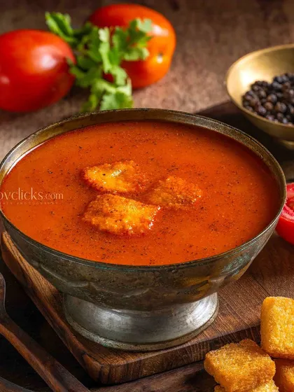 A classic Tomato Soup with croutons, shot for The Mughal House. The vibrant red color and simple styling make it look fresh and appetizing.