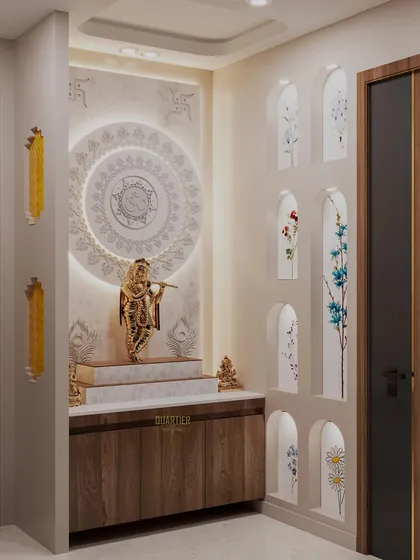 A second 3D design option for the same Mandir. This version features a simpler, elegant back panel with a "Mandala" design, offering a more contemporary and minimalist yet equally spiritual feel.