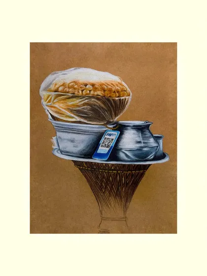 This colored pencil drawing captures a familiar sight: a Golgappa stall. I love finding art in everyday moments, and this piece, rendered on brown paper to enhance the textures, is a tribute to the simple joys and vibrant street culture of India.