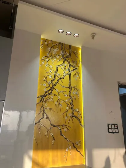 The panel with its edge lighting turned on, making the entire piece glow.