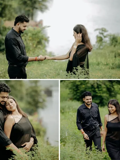 A collage of a couple in matching black outfits, walking and embracing in a lush green field by the water.