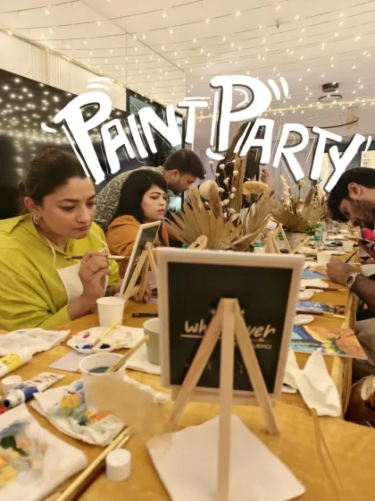 Welcome to one of our paint parties. We love seeing guests completely absorbed in their art, laughing and creating side by side. This is what it's all about: a fun, social, and creative group activity for everyone.