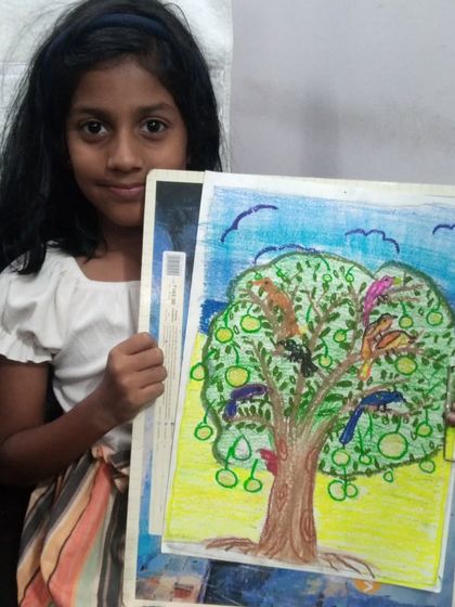 Prahathi from 2nd standard drew this lively tree full of birds. Her drawing captures a sense of joy and movement as the birds enjoy the fruit on the tree.