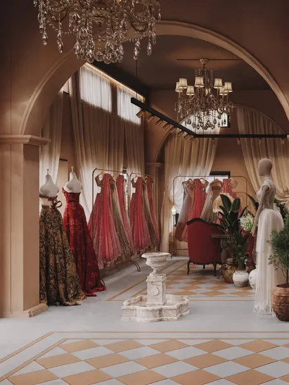 A wide shot of the boutique, highlighting the central water fountain and the beautiful display of couture gowns.