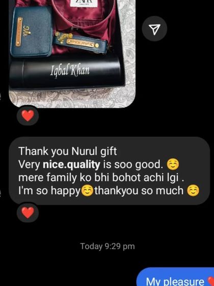 "Very nice quality is soo good. mere family ko bhi bohot achi lgi." A customer and their family loved the quality of the gift hamper.