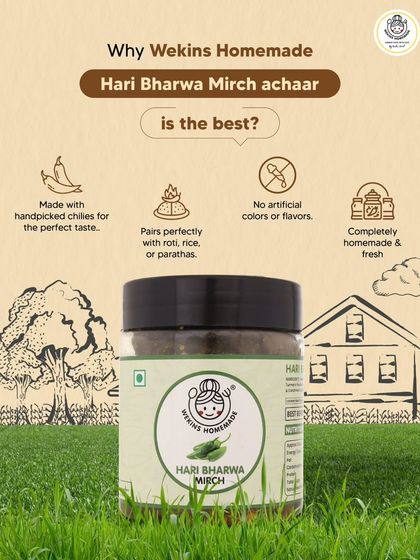 Why is our Hari Bharwa Mirch achaar the best? It's made with handpicked chilies, contains no artificial colors, and is completely homemade and fresh. It pairs perfectly with roti, rice, or parathas.