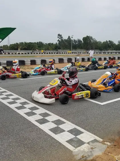 The green flag drops, and our driver in kart 25 gets a strong start at the front of the grid in the JK Tyre FMSCI National Rotax Karting Championship.