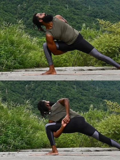 Baddha Utthita Parsvakonasana (Bound Extended Side Angle Pose). This deep variation involves binding the hands behind the back, which intensely opens the shoulders and chest while providing a deep stretch for the hips and groin.