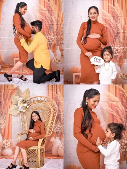 A wonderful collection of moments from a family maternity shoot. It shows the partner's loving gesture, the older sibling's curiosity, and beautiful solo portraits of the mom-to-be in our earthy, Boho-themed studio.