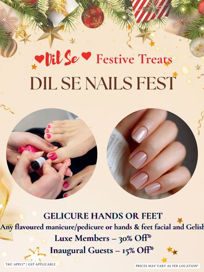 A festive offer for a Gelicure service on hands or feet. The images show both a classic, clean manicure and a professional pedicure in progress, highlighting the complete service.