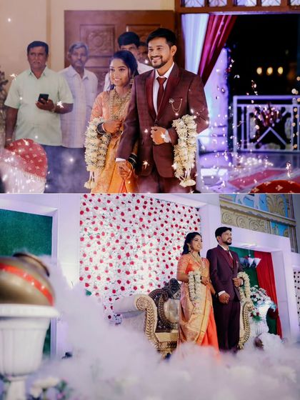A collage of the couple's reception entrance, using sparklers and fog to create a festive and magical atmosphere.