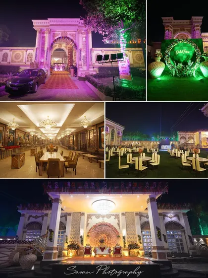 A showcase of a grand wedding venue, from the magnificent exterior to the opulent ballroom and stage decor. We capture the scale and beauty of your chosen location.