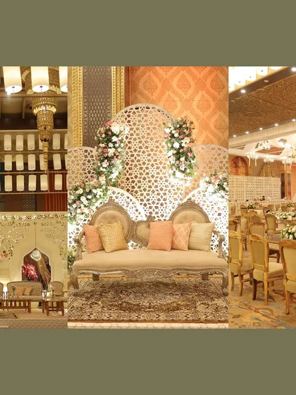 More details of the golden decor, focusing on the stage seating and the overall ballroom ambiance, defined by white, gold, and floral accents.