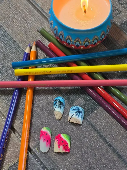 Another angle of the summer-themed matching nail and toe sets.