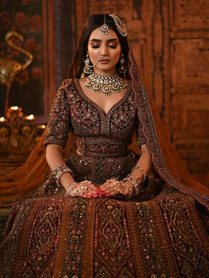 A regal and dramatic look in a deep maroon velvet lehenga. The makeup is bold and smoky, perfect for a winter wedding reception.