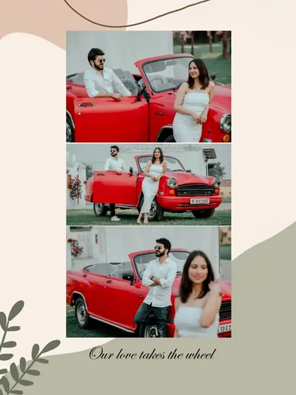 A series of shots showcasing a couple's interaction with the vintage red car. It's a great way to add a narrative and a bit of action to your pre-wedding photo album.
