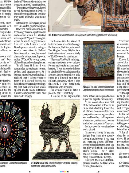 A full-page spread from The Patriot, showcasing my work and my story. It details my background, my process, and my philosophy on creating art from discarded electronics.