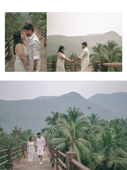 A collage of moments from a pre-wedding shoot in a mountainous, tropical location. It captures the couple walking together and sharing intimate moments against a stunning natural backdrop.