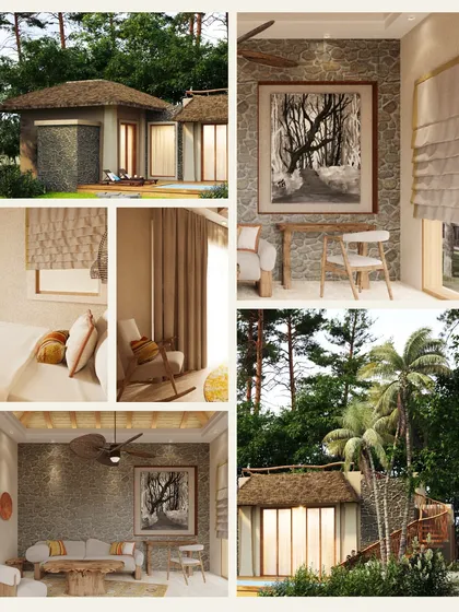 A collage showcasing the design of Dev Villas. It features the exterior architecture, a rustic living room with a stone wall, a serene bedroom, and the lush natural surroundings.