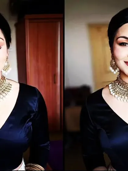 Makeup can enhance your existing beauty. This client looks regal with a soft gold eyeshadow, defined brows, and a classic maang tikka.