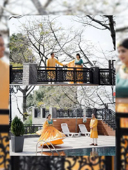 A collage from a Haldi ceremony at a resort, showing the couple sharing moments by the pool and on a balcony with a view.