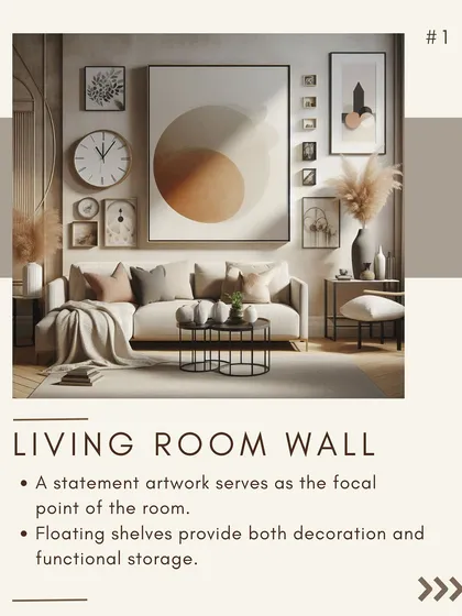 Another example of a well-styled living room wall. A statement art piece is surrounded by a gallery of smaller works and a clock, creating a dynamic and personal display above the sofa.