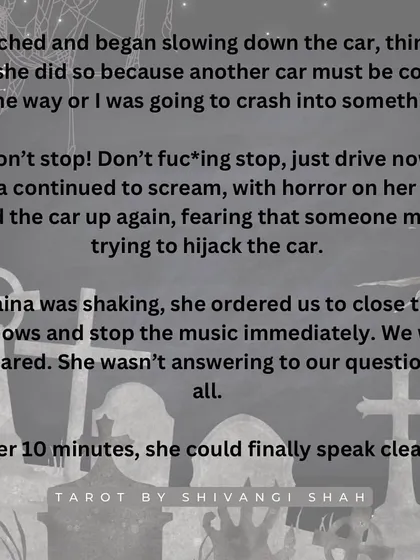 A road trip story where a girl sees a woman with white eyes running alongside their car at 100 km/h.