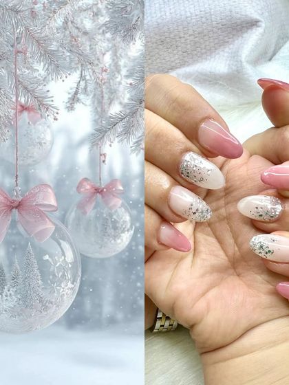 Inspired by a white Christmas, this design features a soft pink-to-white ombré with a beautiful silver glitter fade.