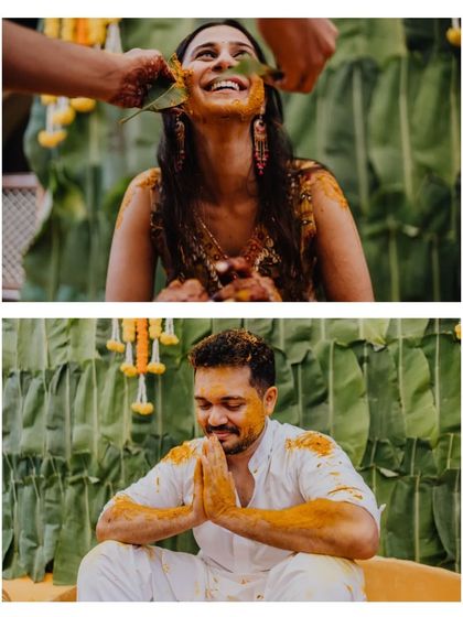 The bride and groom getting lovingly covered in turmeric by their families during Shaurya and Deeksha's Haldi.
