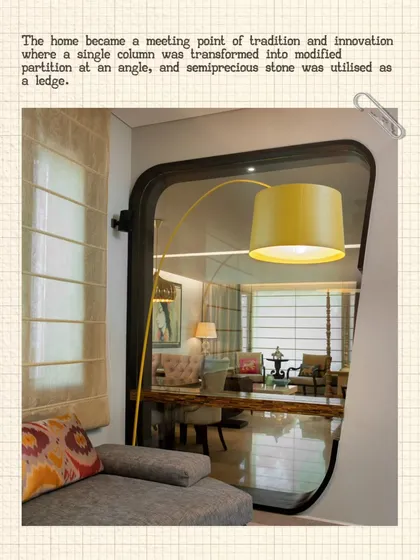 In the Modi Residence, we transformed a structural column into a design feature and used bold color, like this yellow floor lamp, to create visual interest and define zones.