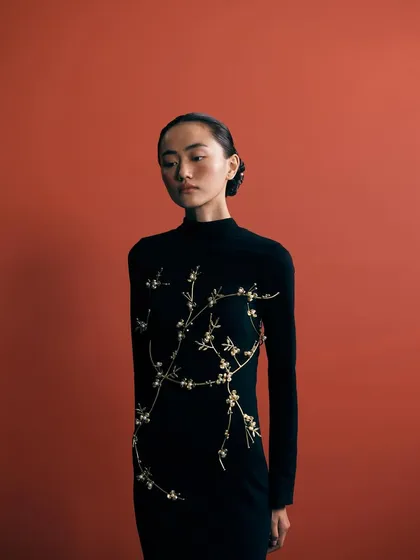 Creative consultancy and styling for Voyce Jewellery. Here, a floral metallic corset from the collection is styled over a simple black dress for a dramatic, editorial look.