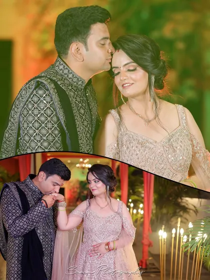 A collage of romantic moments from an engagement, including a forehead kiss and the groom kissing the bride's hand.