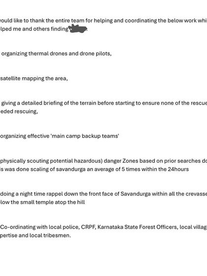 A list of the tasks our BCI Rescue Team performed, including organizing thermal drones, satellite mapping, and night-time rappels down Savandurga. This is a reminder of the serious and skilled work our volunteer team is capable of.