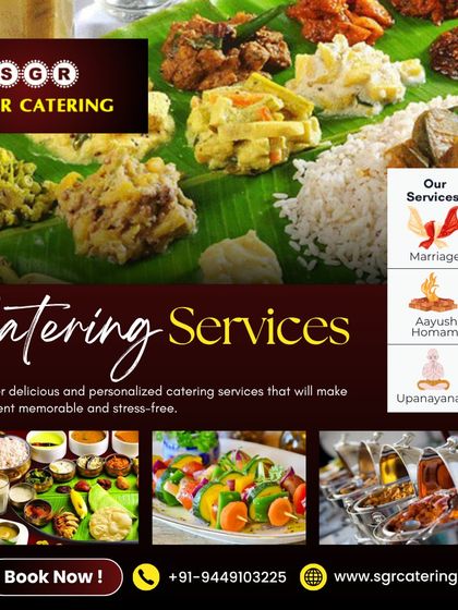 We offer delicious and personalized catering services for events like marriage, aayush homam, and upanayanam. This collage shows the variety of our food, from sadhya to buffets and appetizers.